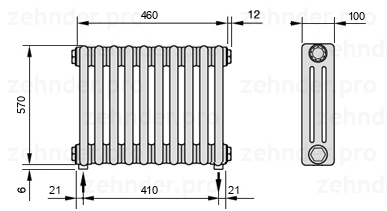 Схема (чертеж) Радиатор Zehnder Charleston 3057/10 №5310 Белый глянцевый RAL 9016